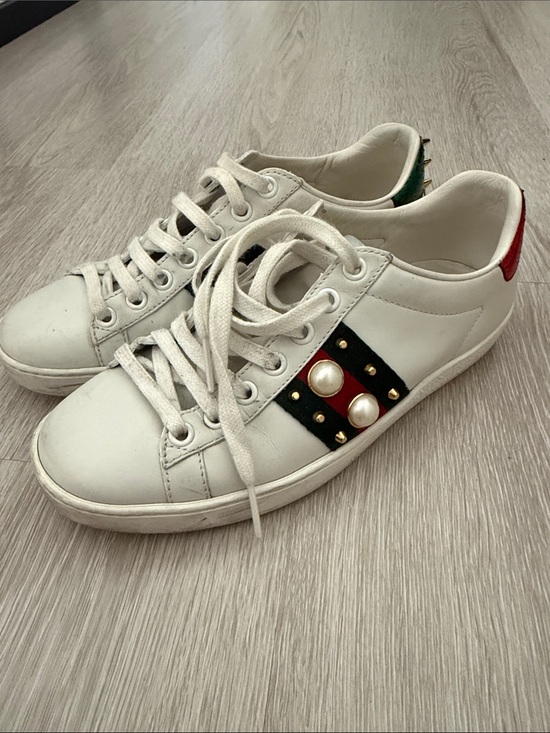 Gucci Shoes - Gucci White Sneakers with Black Stripe, Red & Green Heel Accents